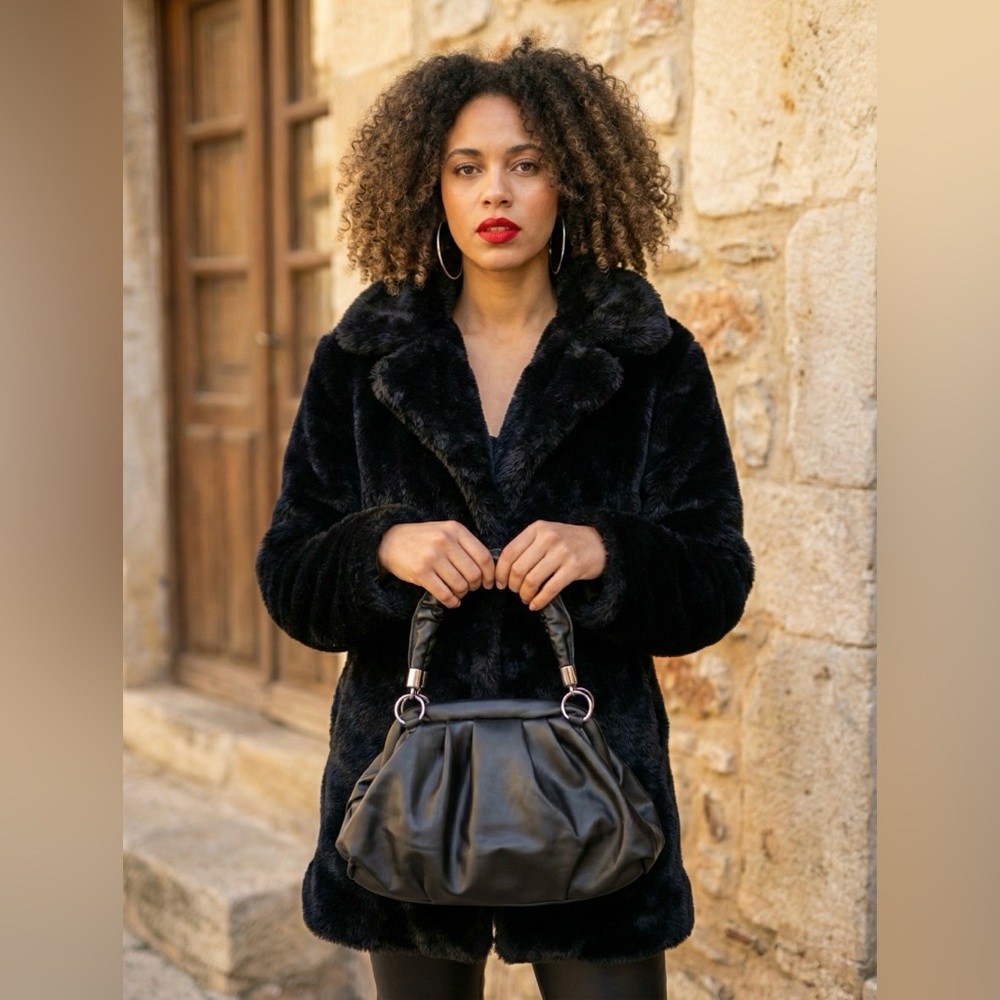 Black Ruched Top Handle Dumpling Bag Soft Vegan Leather Cloud Purse - Picture 3 of 7